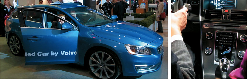 Volvoとエリクソンが共同で展示した、車載システムをネットワーク化した「Connected Car」。写真右はダッシュボードの様子。クラウドなども利用し、地図の表示や、スマートフォンの中の音楽の再生などを行えるシステムになっている。