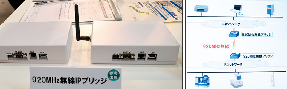 日本電気(株)(東京都港区)ブースでは、920MHz無線IPブリッジを展示。Wi-FiやBluetoothなども利用している2.4GHz帯の無線LAN通信の混信を避け、920MHz帯で無線ブリッジ同士を相互接続(右図)し、手軽にIPネットワークのワイヤレス化を実現する。