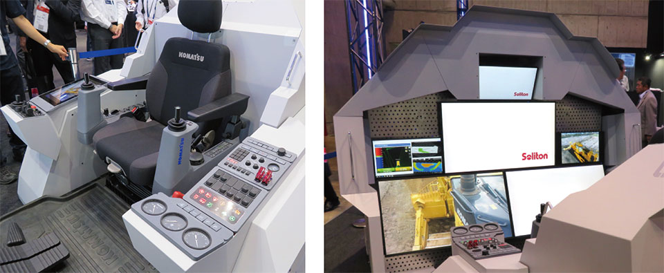写真9　コマツの遠隔操作用オペレータの専用コックピット（左）と現場映像を映すコックピット前に設置された画面群（右）