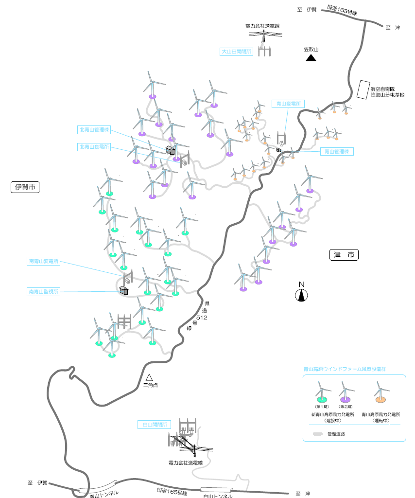 図　青山高原風力発電所と新青山風力発電所の発電設備の配置図。紫色の丸印が付いた設備が、今回工事が完了したところ