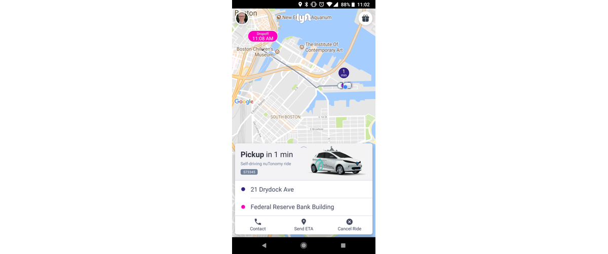 図　スマートフォン向けアプリケーションで配車を依頼した一部のユーザーに、nuTonomyの車両を配車している