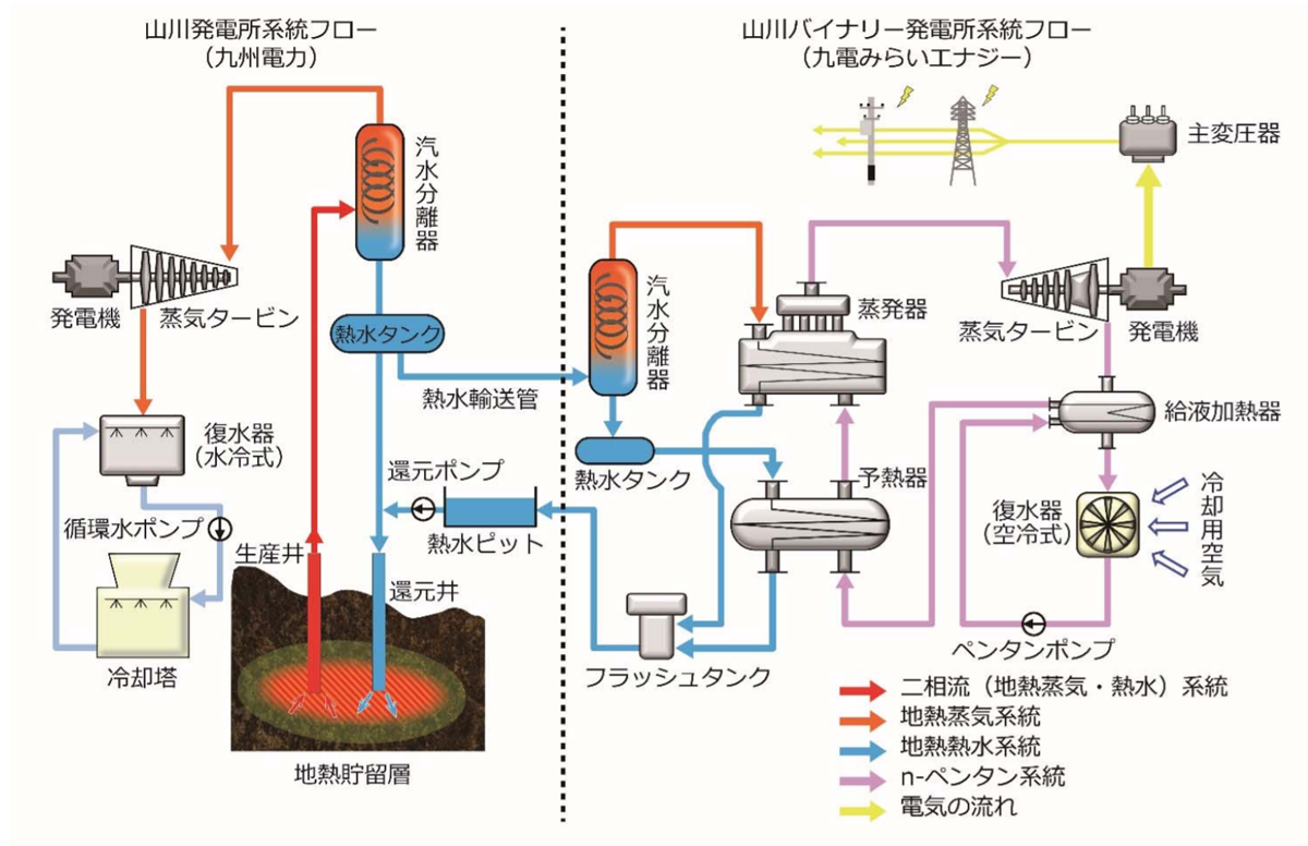 図　山川バイナリー発電所では山川発電所から還元熱水の供給を受けている。供給を受けた還元熱水を汽水分離器で水分と蒸気に分離し、蒸気でペンタンを熱する。熱したペンタンは低温で蒸気となり、タービンを回して電気を発生させる